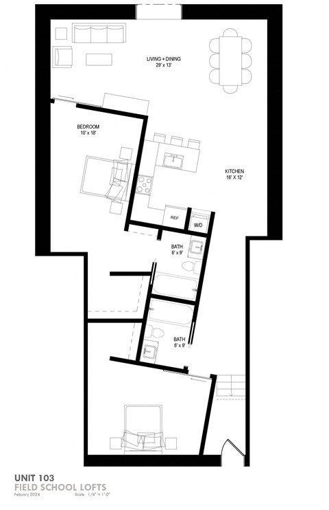 floor plan of the first level of the lofted house